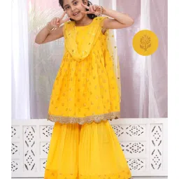 Little Bansi Cotton Sleeveless Floral Foil Motifs Printed Frock Style Kurta With Coordinating Sharara & Dupatta Set - Haldi Yellow-picture-38