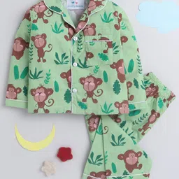 Knitting Doodles Pure Cotton Woven Full Sleeves Monkeys Printed Coordinating Shirt & Pajama Set - Green-picture-18
