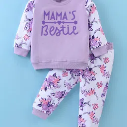 Mark & Mia Terry Knit Full Sleeves Sweatshirt & Lounge Pant with Text & Floral Print - Lilac & White-picture-21