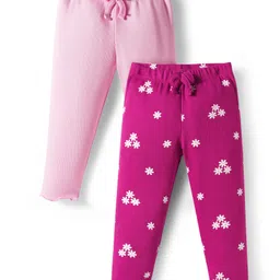 Babyhug Cotton Lycra Knit Full Length Leggings With Stretch & Floral & Bow Applique Pack of 2 - Pink & Dark Pink-picture-19