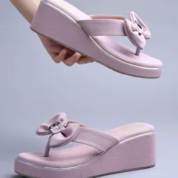 Shoetopia Bow Applique Detailed Wedges Heel Sandals - Peach-image-32