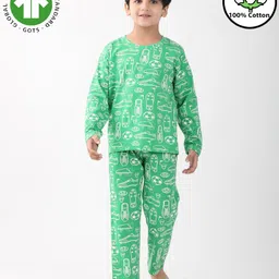 Anthrilo 100% Cotton Knit Full Sleeves Football Studs Printed Coordinating Night Suit Set - Green-image-85