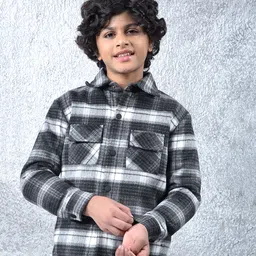 CRIMSOUNE CLUB Knit Full Sleeves Checked Light Winter Shacket - Black image 1