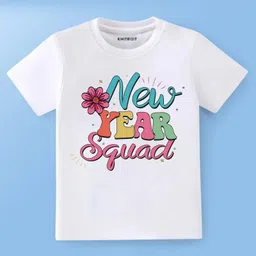 KNITROOT New Year Theme Cotton Lycra Knit Half Sleeves New Year Squad Text Printed Tee - White-picture-11