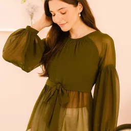 HERE&NOW Women Olive Puff Sleeves Top With Waist Belt image 4