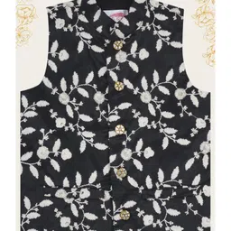 Little Bansi Silk Woven Sleeveless Floral Embroidered Sequins Embellished Nehru Jacket - Black image 4