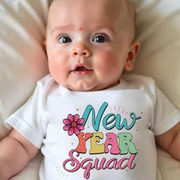 KNITROOT New Year Theme Cotton Lycra Knit Half Sleeves New Year Squad Text Printed Tee - White image 4