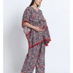 Aujjessa Cotton Woven Half Batwing Sleeves Paisleys Printed & Lace Detailed Maternity Night Suit Set With Front Zipper Nursing Access - Indigo & Red image 5