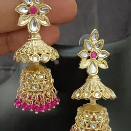 EVY Floral Gold-Plated Kundan Studded & Artificial Beaded Dome Shaped Jhumkas-picture-25
