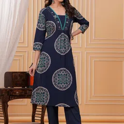 KALINI Women Ethnic Motifs Printed Mirror Work Pure Cotton Kurta with Trousers image 2