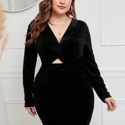 KPOP Plus Size V-Neck Long Sleeves Cut-Outs Bodycon Dress-image-49