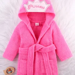 Babyhug Woven Terry Full Sleeves Hooded Bath Robe Princess Patch - Pink-image-34
