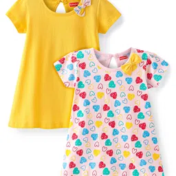 Babyhug Single Jersey Knit Half Sleeves Frocks With Heart Print & Bow Applique Pack of 2- Light Pink & Yellow-picture-16