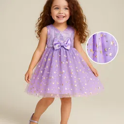 Babyhug Woven Sleeveless Glitter Printed Fit & Flare Party Dress with Bow Applique & Sequin Detailing - Lavender-picture-21