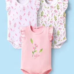 Kookie Kids 100% Cotton Knit Frill Sleeves Onesies Floral Print Pack of 3 - White & Pink-image-8