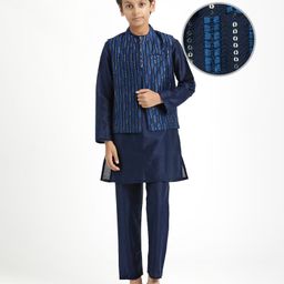 Pine Kids Woven Full Sleeves Mandarin Collar Kurta Pyjama Set With Sequin Detailing Jacket - Blue-picture-31