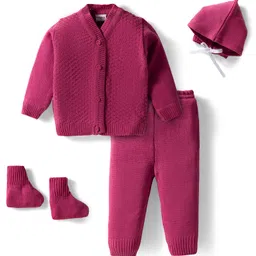 Babyhug Knit Full Sleeves Solid Color Front Open Sweater Set with Pair of Mittens & Cap - Dark Pink-image-65