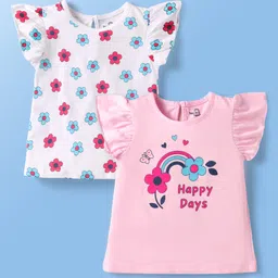 Doodle Poodle 100% Cotton Knit Frill Sleeves Tops with Floral & Text Print Pack Of 2 - Pink & White-picture-17