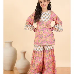 StyloBug Cotton Woven Three Fourth Bell Sleeves Floral Printed Kurta & Coordinating Sharara Set - Pink-image-49