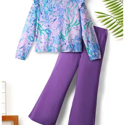 Tiara 100% Cotton Jersey Knit Full Sleeves Frill Detailed & Sea Life Printed Top With Bell Bottom Pant Set - Purple-image-2