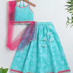 The Magic Wand Cotton Woven Sleeveless Bandhani Printed & Gota Lace Embellished Lehenga Choli With Dupatta Set - Blue-picture-24