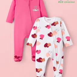 Babyoye 100% Cotton Interlock Knit Full Sleeves Footed Sleepsuit With Eco Jiva Finish & Animal Print Pack Of 2 - White & Pink-picture-15