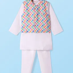 Babyhug Cotton Woven Full Sleeves Kurta Pajama Set with Nehru Jacketand Geometric Print - White & Blue image 2