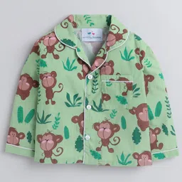 Knitting Doodles Pure Cotton Woven Full Sleeves Monkeys Printed Coordinating Shirt & Pajama Set - Green image 3