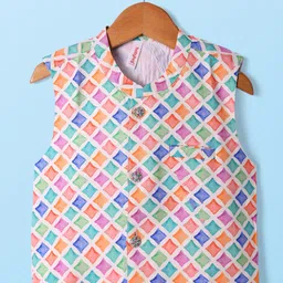 Babyhug Cotton Woven Full Sleeves Kurta Pajama Set with Nehru Jacketand Geometric Print - White & Blue image 5