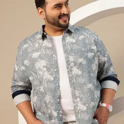 Sztori Plus Size Floral Printed Cutaway Collar Regular Fit Pure Cotton Casual Shirt-image-52