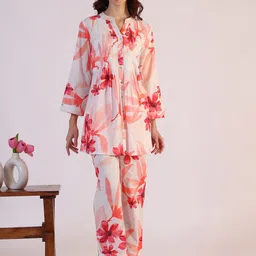 W Floral Printed Mandarin Collar Pure Cotton Tunic With Trousers-picture-23