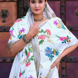 KALINI Floral Printed Linen Blend Saree-image-3