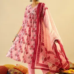 Indo Era Women Printed Empire Mirror Work Pure Cotton Kurta with Trousers & With Dupatta-picture-42