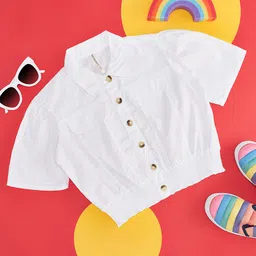 Pantaloons Junior Cotton Half Sleeves Smocked Top - White image 1