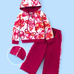 Ollington St. 100% Cotton Knit Full Sleeves Winter Wear Set Of Butterflies Printed Hoodie & Track Pants - White & Purple-picture-13
