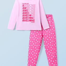 Honeyhap Premium 100% Cotton Knit Night Suit With Bio Finish Text Print -Pink-A-Boo & Carmine Rose-picture-49