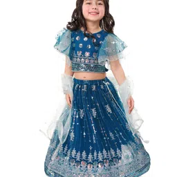 Babyhug Woven Flutter Sleeves Choli Lehenga & Dupatta Set with Sequin Embroidery - Teal-picture-20