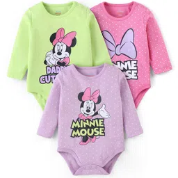 Babyhug Disney 100% Cotton Knit Full Sleeves Onesies Minnie Mouse Graphics Pack of 3- Pink Green & Purple-picture-13