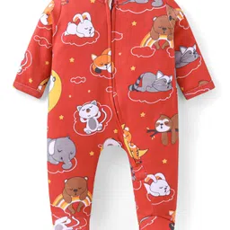 Babyhug Cotton Knit Full Sleeves Front Open Footed Sleepsuit with Animals Print - Red-picture-36