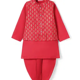 Babyoye Woven Full Sleeves Foil Printed Kurta Dhoti Set With Nehru Jacket - Red-image-54