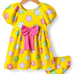 Babyhug Single Jersey Knit Half Sleeves Floral Printed Frock With Bow Applique & Bloomer - Yellow-picture-26