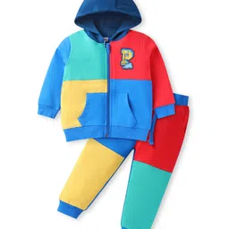 Babyhug Terry Knit Full Sleeves Hooded T-Shirt & Lounge Pant Set with Cut & Sew Design - Blue Red & Yellow-image-96