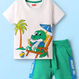 Babyhug Single Jersey Knit Half Sleeves T-Shirt & Shorts Set with Crocodile Print - Green & White-picture-25