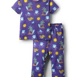 Babyhug Cotton Knit Half Sleeves Co-ords Night Suit With Beach Theme Print - Navy Blue-picture-26