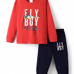 Taeko Single Jersey Knit Full Sleeves T-Shirt and Lounge Pants Set with Fly Text Print - Red & Navy Blue-picture-14