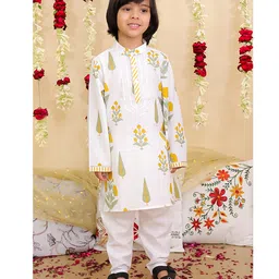 BownBee Pure Cotton Woven Full Sleeves Hand Block Floral Printed Kurta & Pyjama Set - Yellow-picture-13