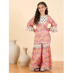 StyloBug Cotton Woven Three Fourth Bell Sleeves Floral Printed Kurta & Coordinating Sharara Set - Pink-picture-14