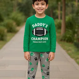 Unicorns Cotton Woven Full Sleeves Daddys Champion Text Printed Coordinating Night Suit Set - Green & Grey-picture-14