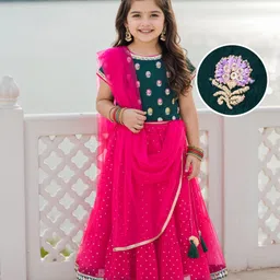 Babyhug Brocade Woven Half Sleeves Choli Shimmer Net Lehenga & Dupatta Set with Floral Embroidery - Fuchsia-image-88