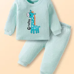Doodle Poodle 100% Cotton Knit Bonded Full Sleeves Winter Wear T-Shirt & Joggers Set with Giraffe Print - Aqua Blue-picture-22